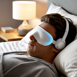 A person peacefully napping in a perfectly organized bedroom. The room has a neutral color scheme (greys, beiges, whites). The person is wearing a comfortable sleep mask, and noise-canceling headphones are resting on the bedside table. Soft, diffused lighting. Focus on creating a sense of serenity and tranquility. A small bedside lamp emits a warm glow. There's a book next to the bed, suggesting a tech-free wind-down routine. The style should be clean and modern, like a Scandinavian interior design.