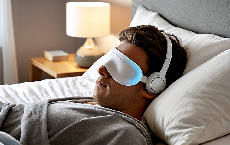 A person peacefully napping in a perfectly organized bedroom. The room has a neutral color scheme (greys, beiges, whites). The person is wearing a comfortable sleep mask, and noise-canceling headphones are resting on the bedside table. Soft, diffused lighting. Focus on creating a sense of serenity and tranquility. A small bedside lamp emits a warm glow. There's a book next to the bed, suggesting a tech-free wind-down routine. The style should be clean and modern, like a Scandinavian interior design.