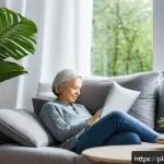 Home 19 낮잠과 불면증 해결의 관계 - A cozy early afternoon scene in a modern Polish living room, featuring a middle-aged adult woman tak...
